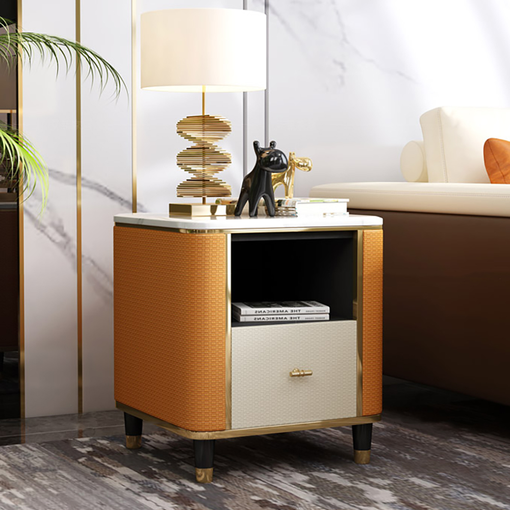 Modern square 1 drawer chest side cabinet with storage in white orange