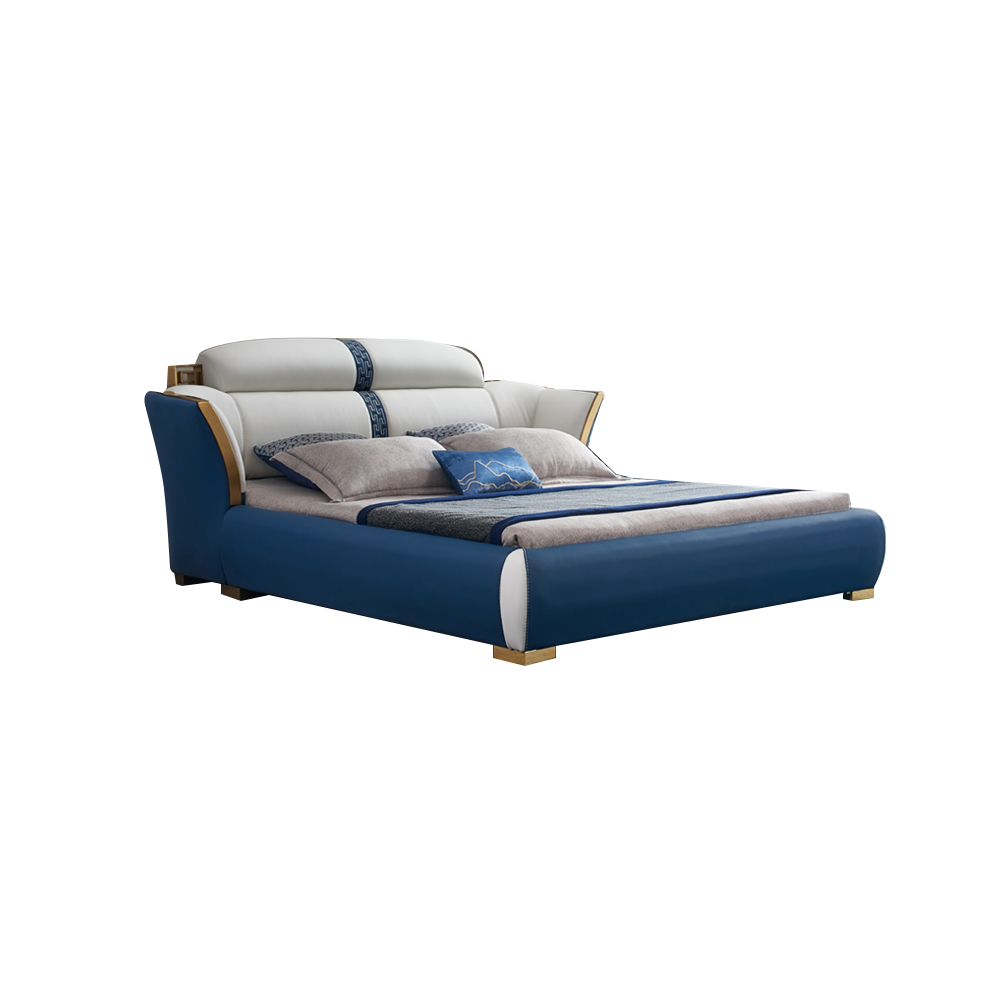 

Blue & White Faux Leather Upholstered Platform Bed with Pine Wood Frame