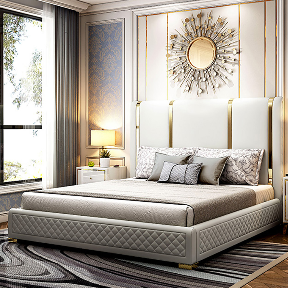 King Faux Leather Bed Low Profile Upholstered Platform Bed in Off-White