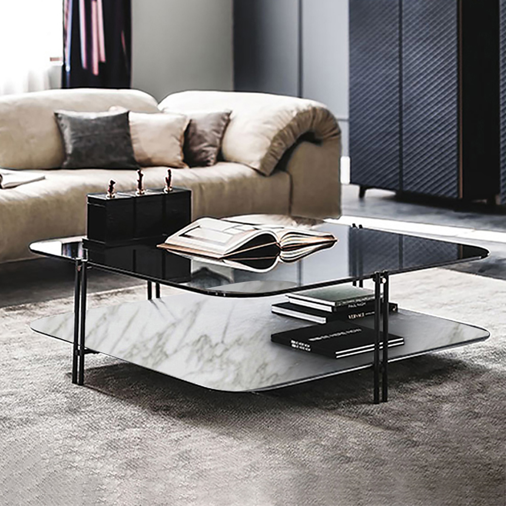 

White & Clear 2-Tier Modern Glass-Top Square Coffee Table with Marble Shelf