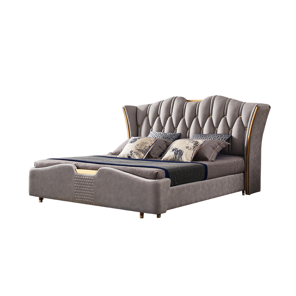 Modern Light Grey Leath-Aire Upholstered Low Profile Platform Bed with Headboard