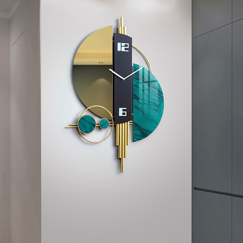 Unique Creative Geometric Oversized Wall Clock 3D Iron Home Decor Green & Gold & Black