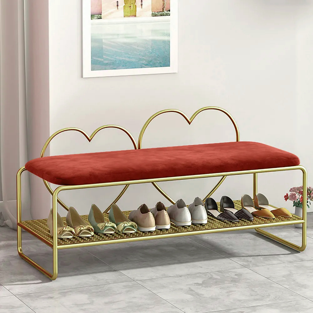 Entryway Bench Velvet Upholstery with Shoe Shelf Heart Shaped Back for