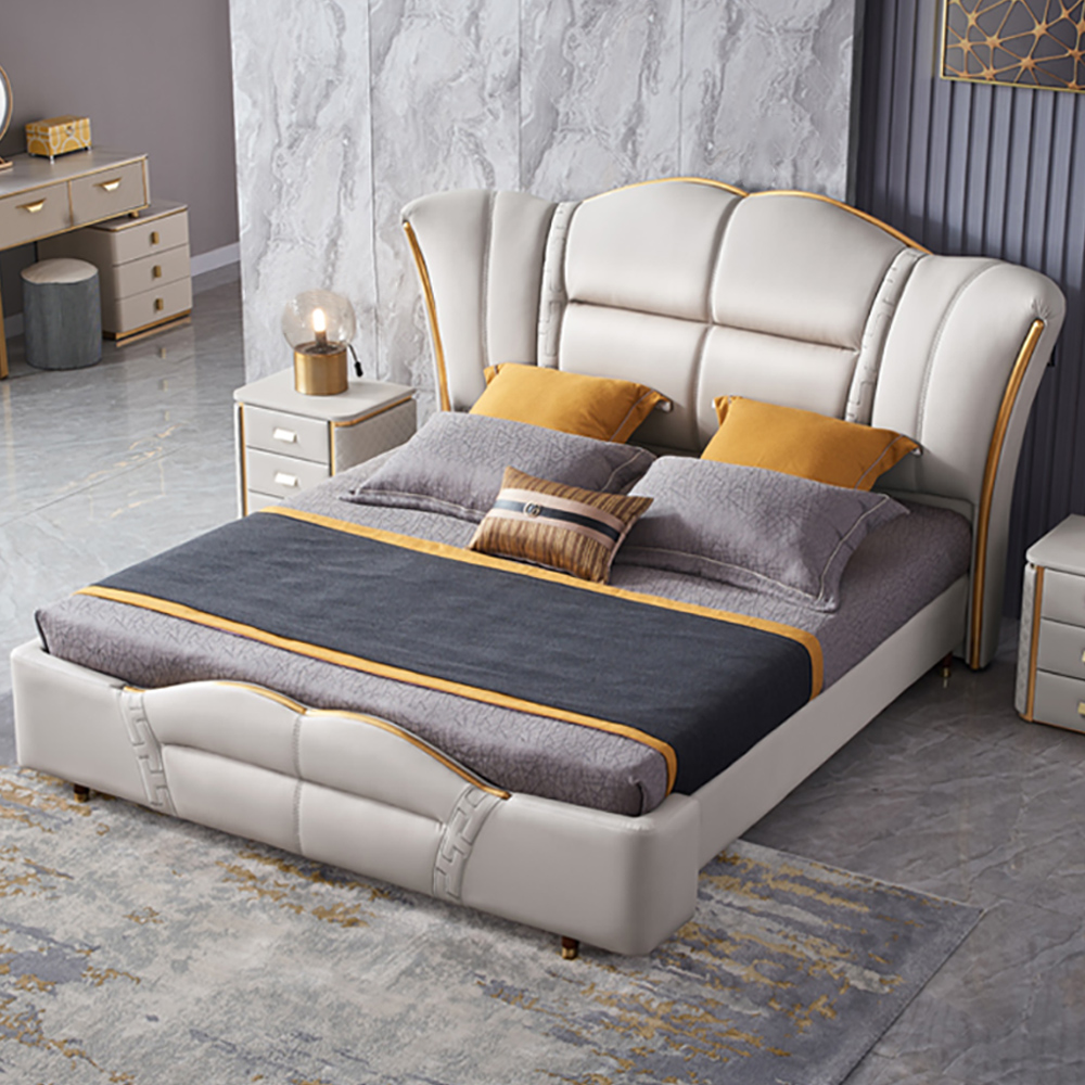 Milky White Upholstered Low-Profile Platform Bed with Wingback Hearboard