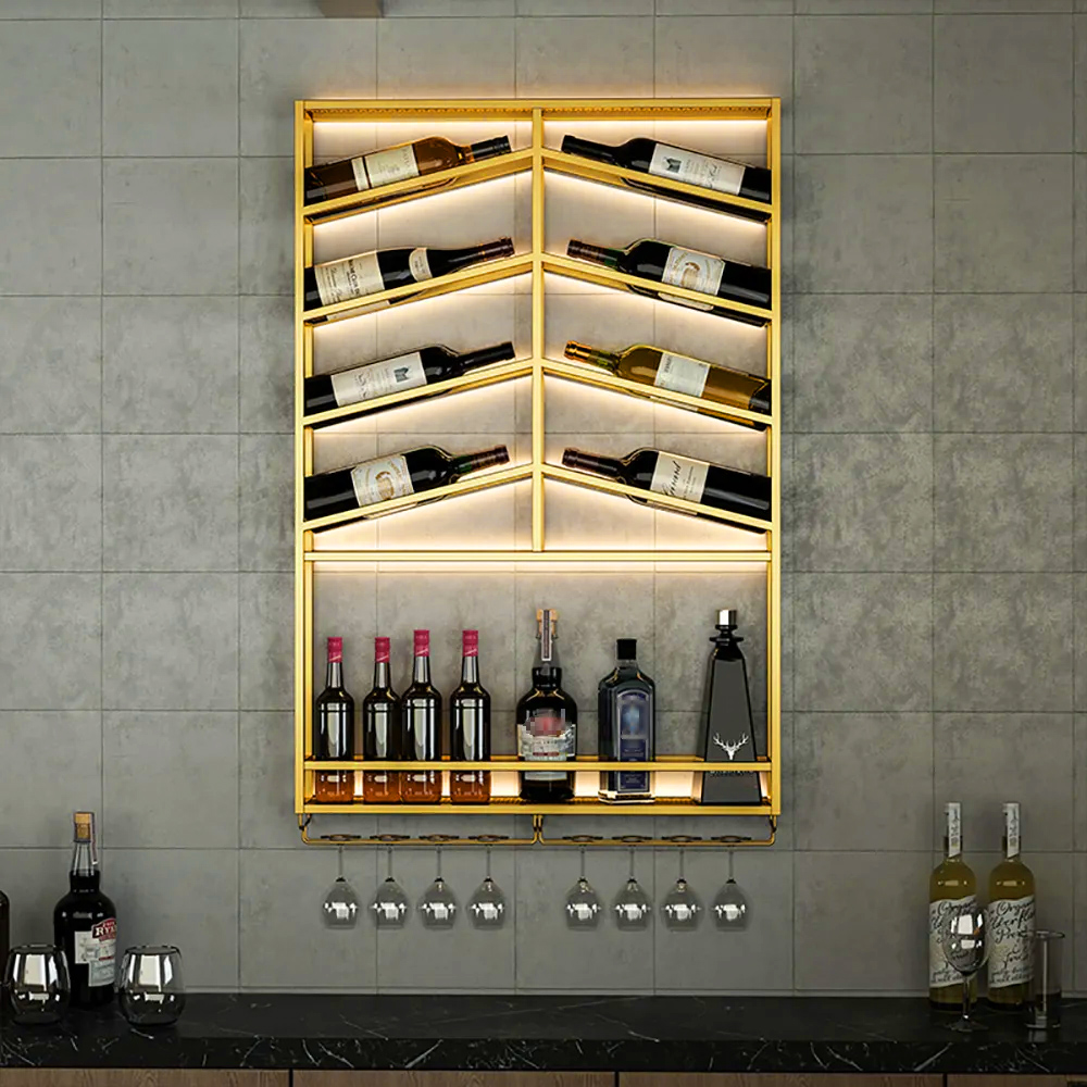 Industrial Wood & Metal Wall Mounted Gold Wine Rack with Glass & Bottle Rack 