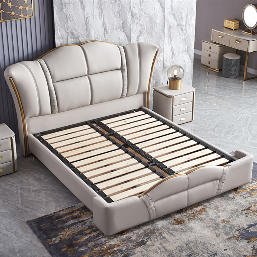 Milky White Upholstered Low-Profile Platform Bed with Wingback Hearboard