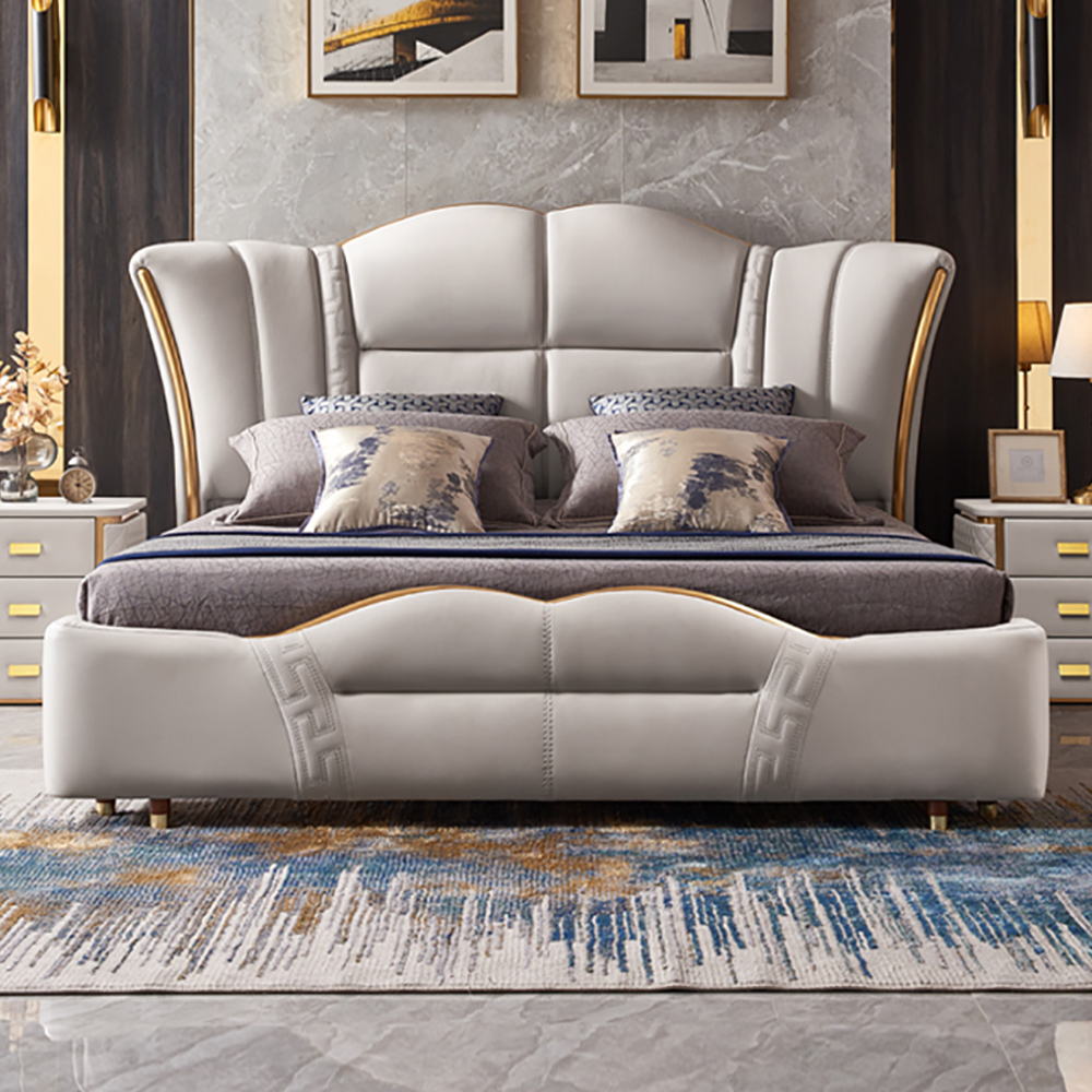 

Milky White Upholstered Low-Profile Platform Bed with Wingback Headboard