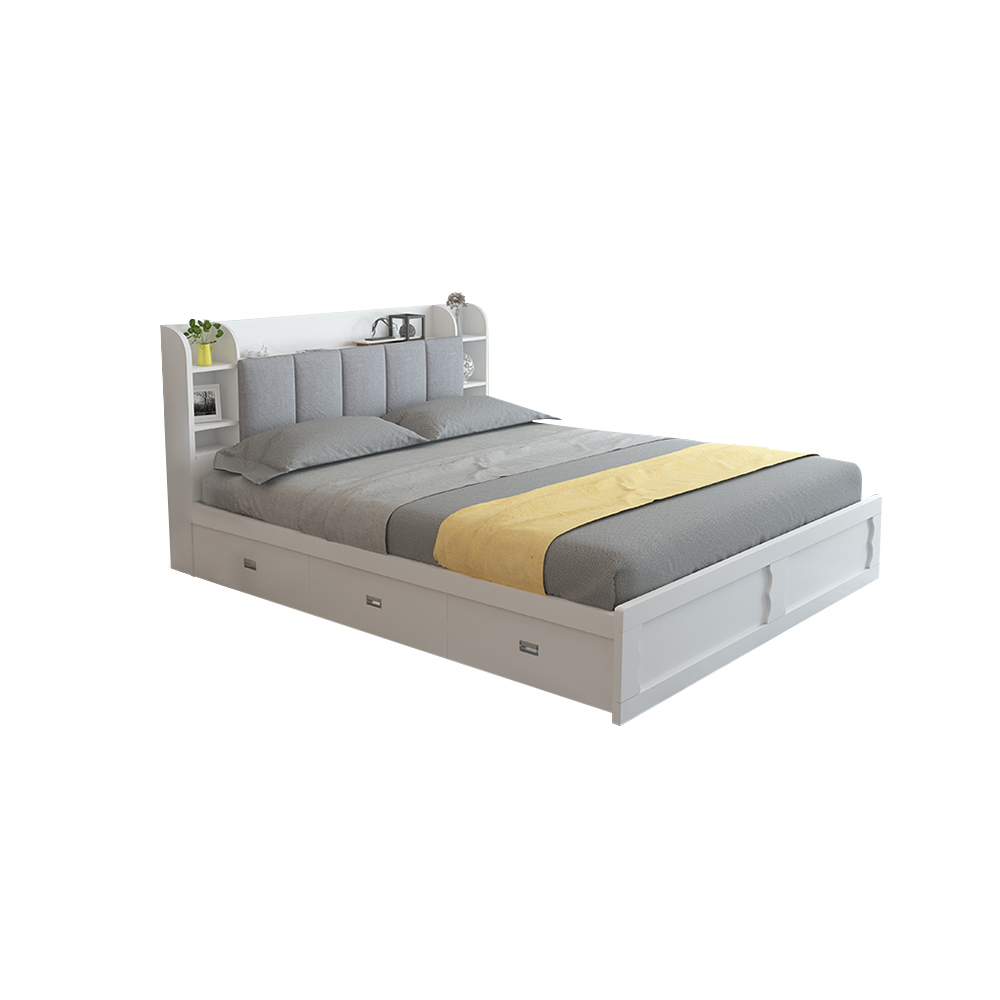 Modern White Storage Bed Low Profile Queen Bed with 3 Drawers