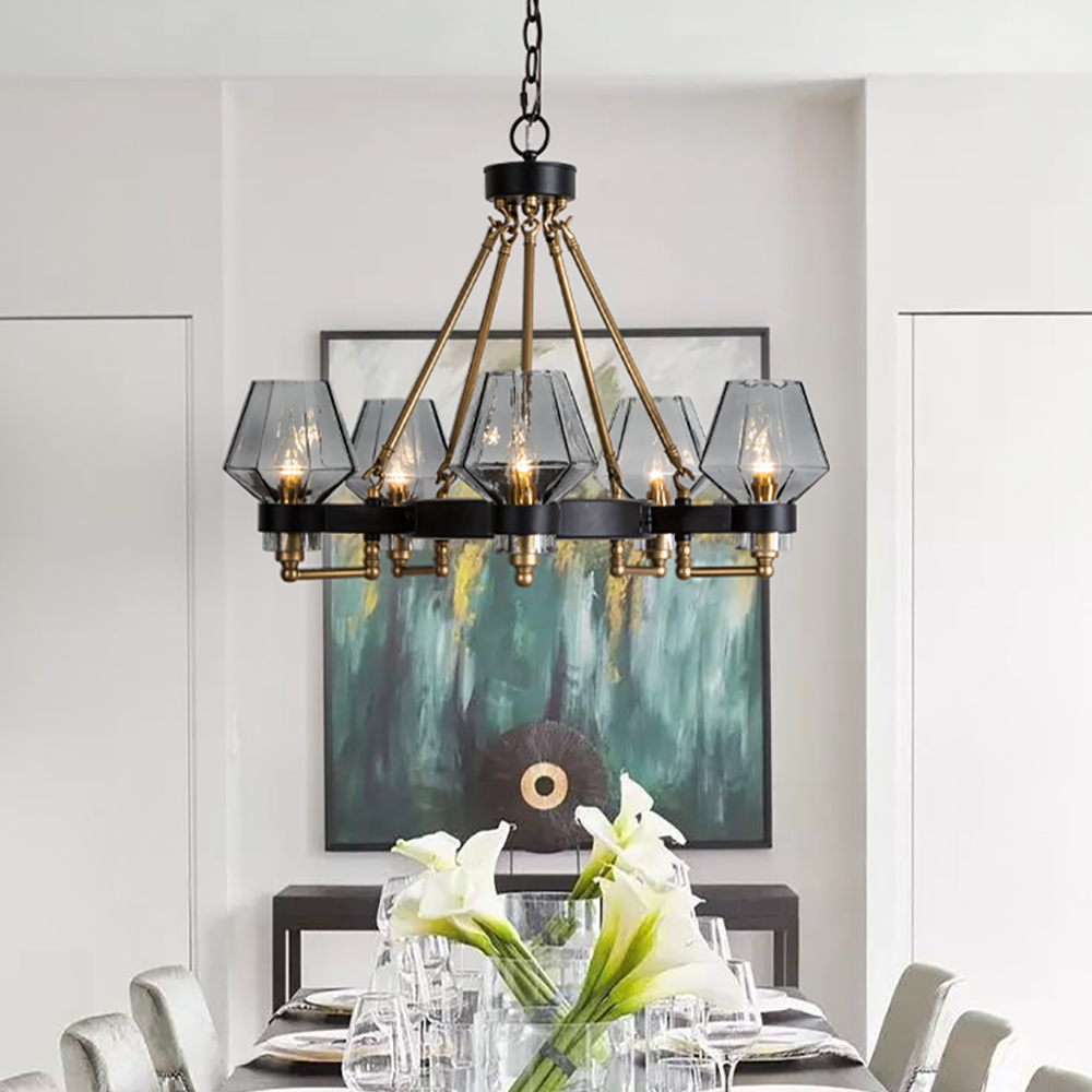 

Mid Century 5-Light Wagon Wheel Chandelier in Gray & Gold