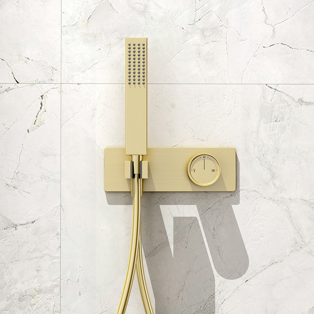 Modern 300mm Wall-Mounted 2-Function Shower Set with Thermostatic Valve in Brushed Gold