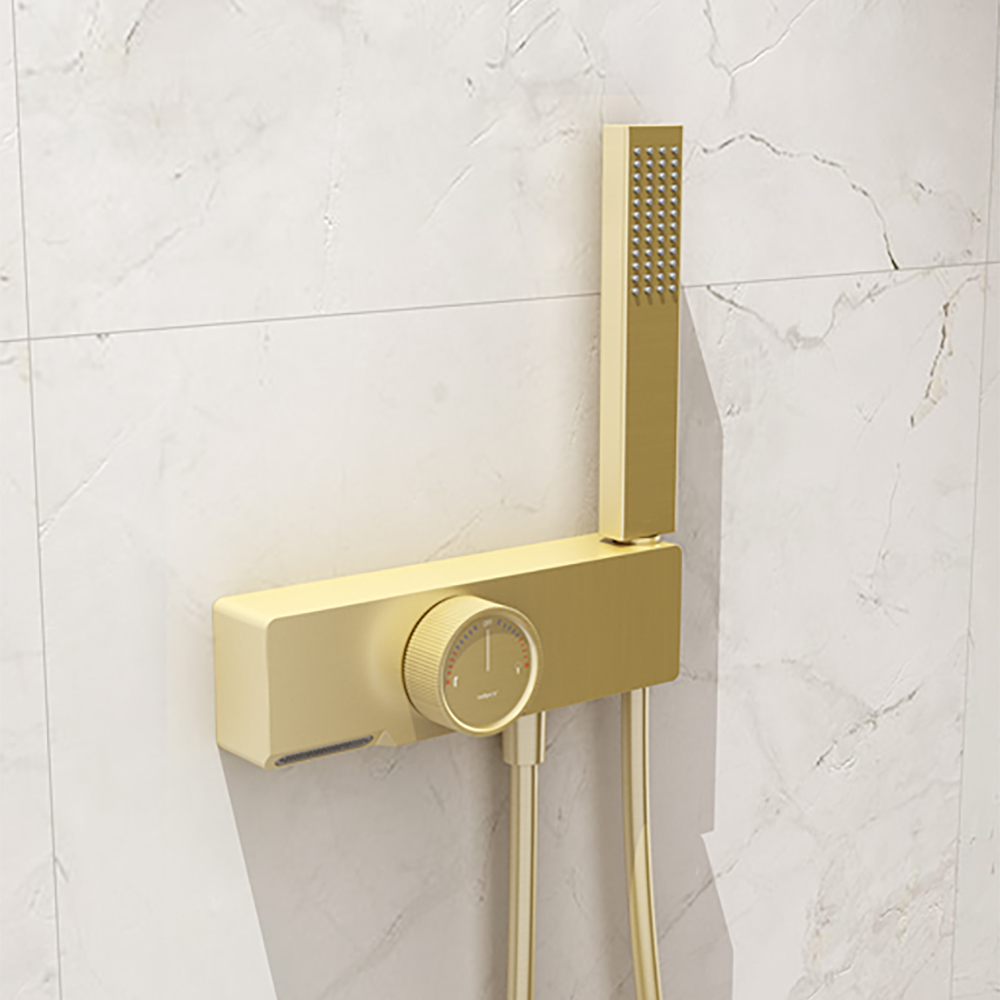 

Wall-Mount Bathtub Waterfall Filler Faucet with Handshower in Brushed Gold