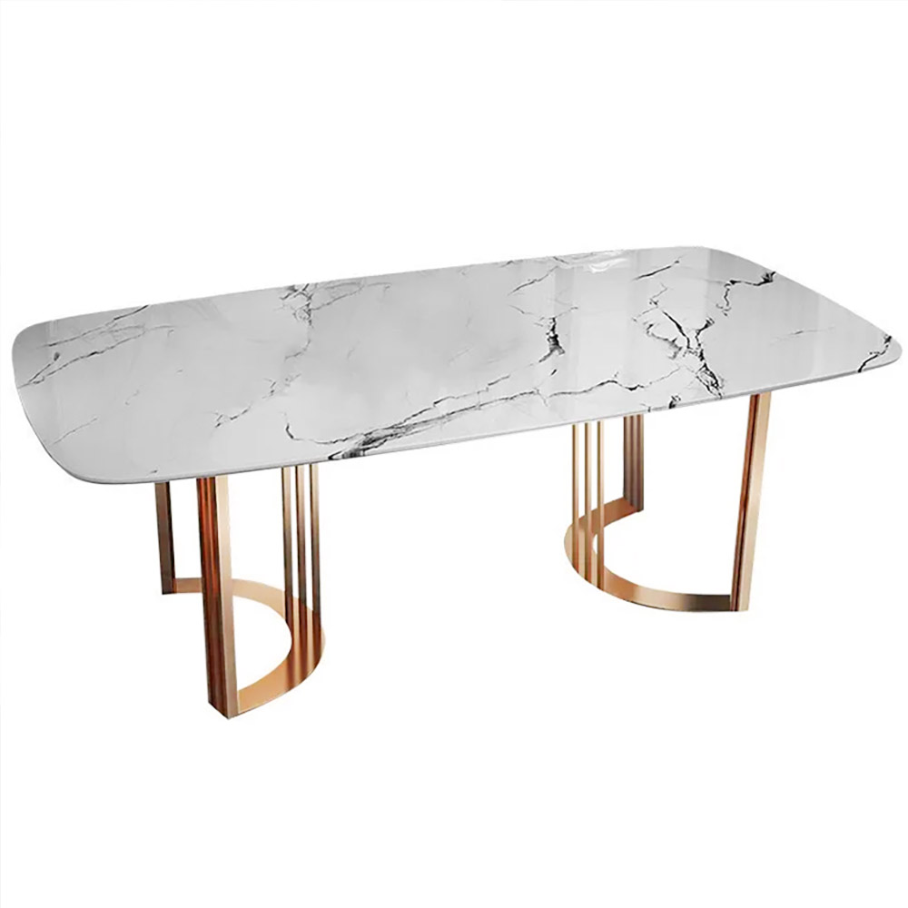 Table de salle à manger 71 « en faux marbre pour 6-8 places, plateau rectangulaire blanc, base en acier doré