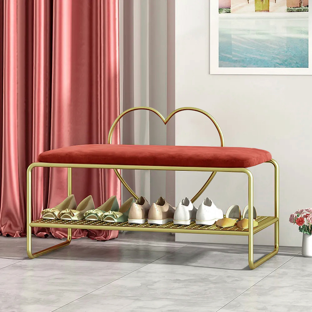 Entryway Bench Velvet Upholstery with Shoe Shelf Heart Shaped Back for