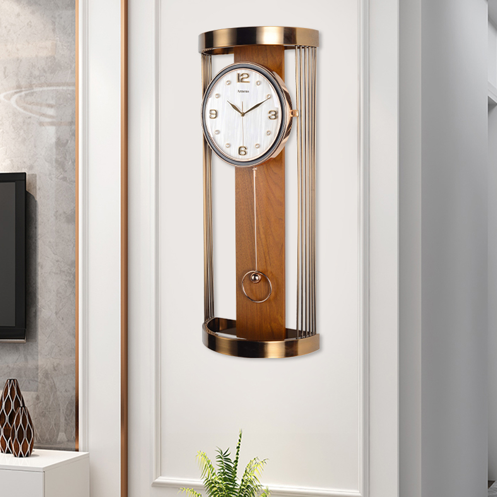 Modern Metal Hollow-out Wall Clock with Pendulum & Rhinestones