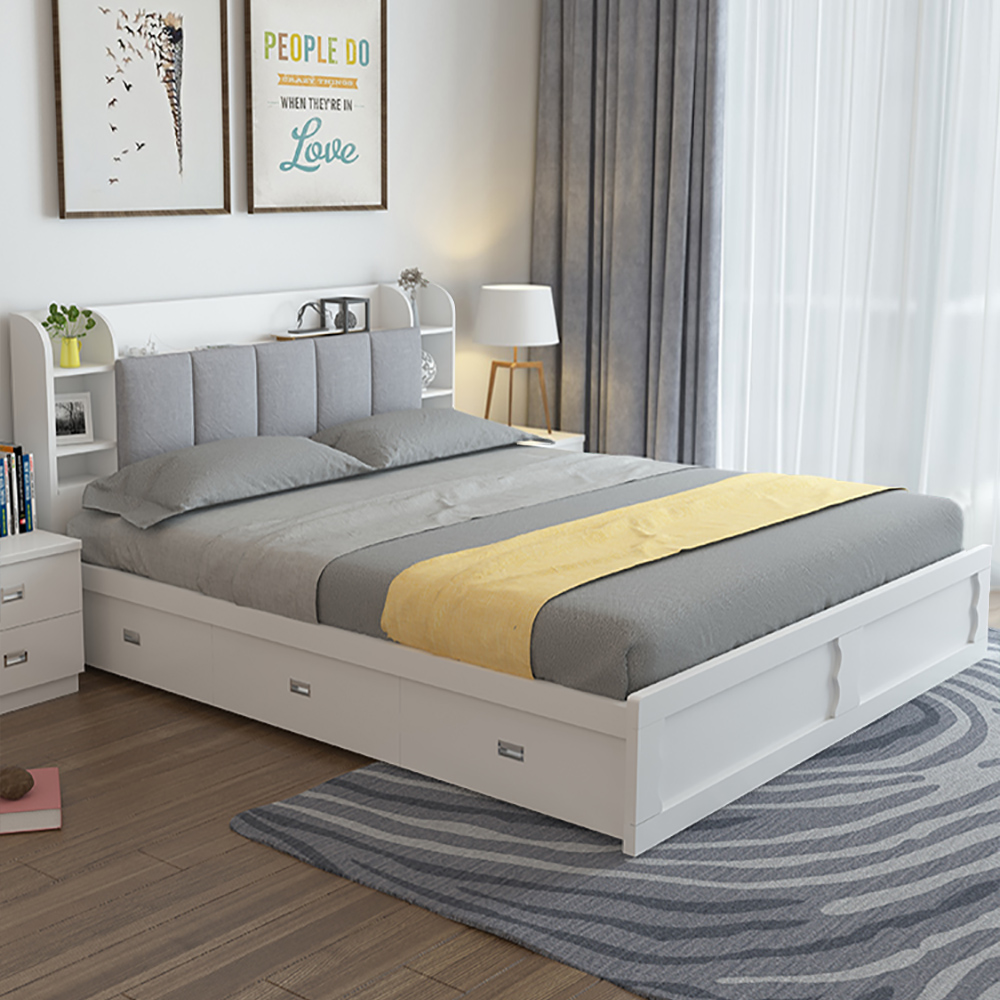 Image of Cal King Size Storage Bed Low Profile Platform Bed with 3 Drawers in White