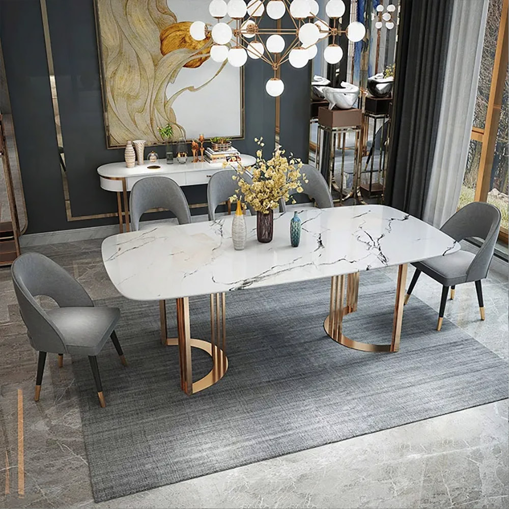 Table de salle à manger de 63 po en faux marbre pour 4-6 personnes, plateau rectangulaire blanc doré