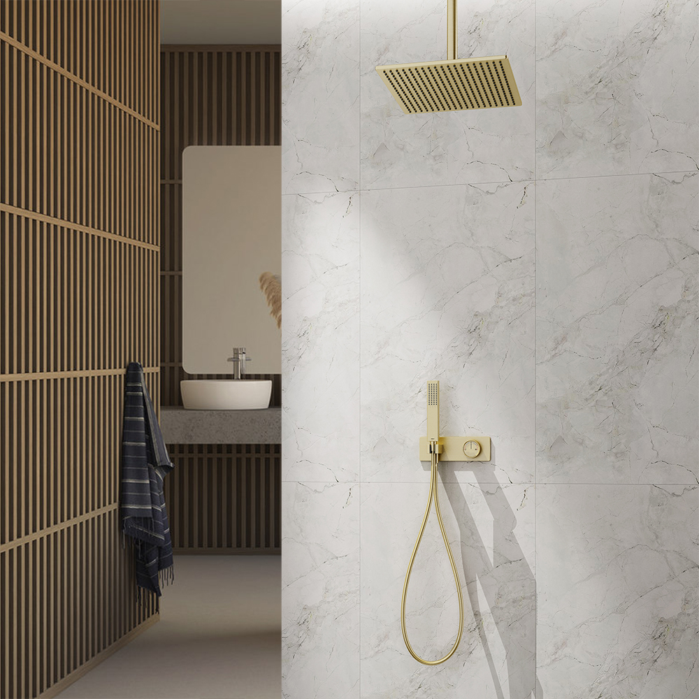 Modern 300mm Wall-Mounted 2-Function Shower Set with Thermostatic Valve in Brushed Gold