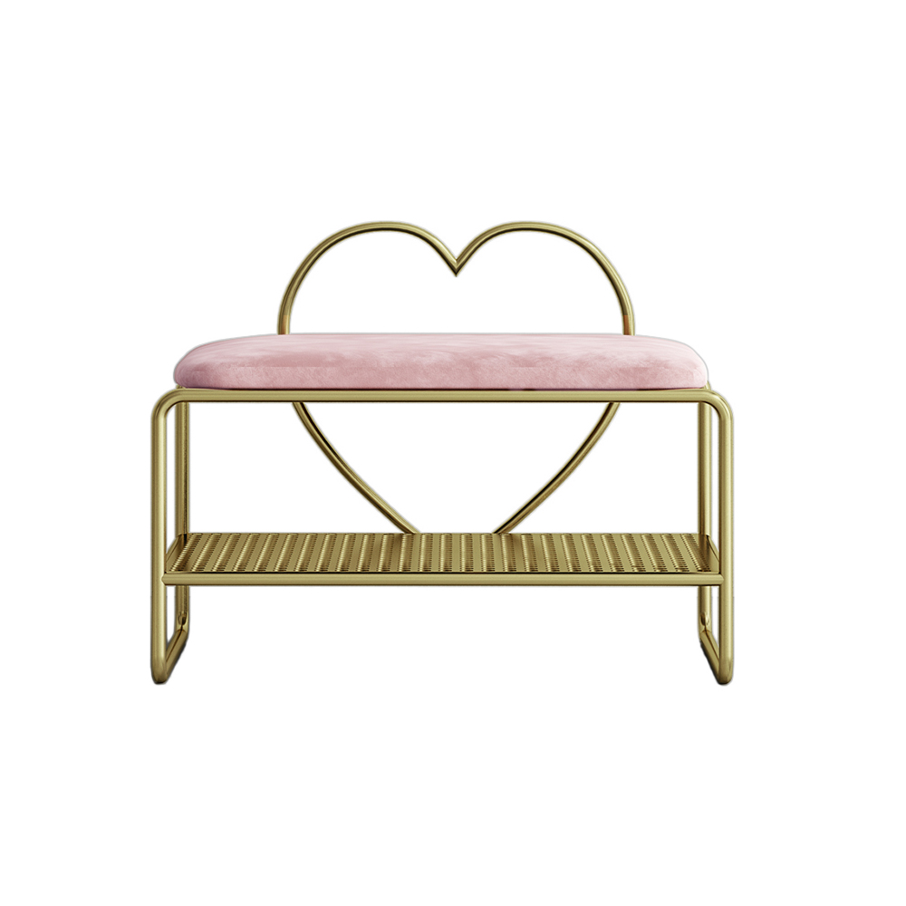 Entryway Bench Velvet Upholstery with Shoe Shelf Heart Shaped Back for