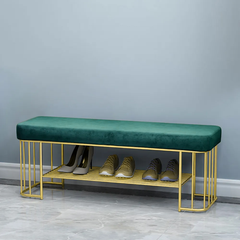 Modern Green Storage Bench Hallway Bench Velvet Upholstered with Golden Frame & Shelves