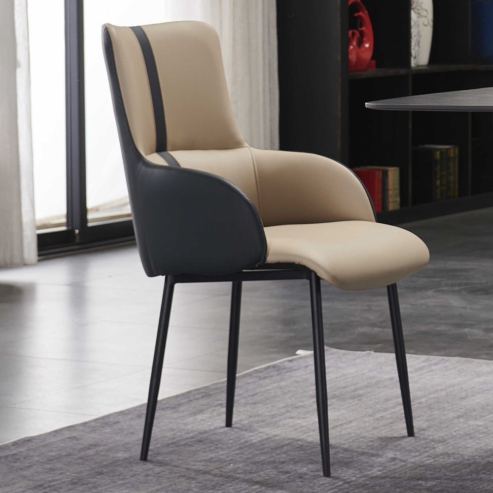 

Modern Upholstered Faux Leather Beige Armed Dining Chair with Metal Legs Set of 2
