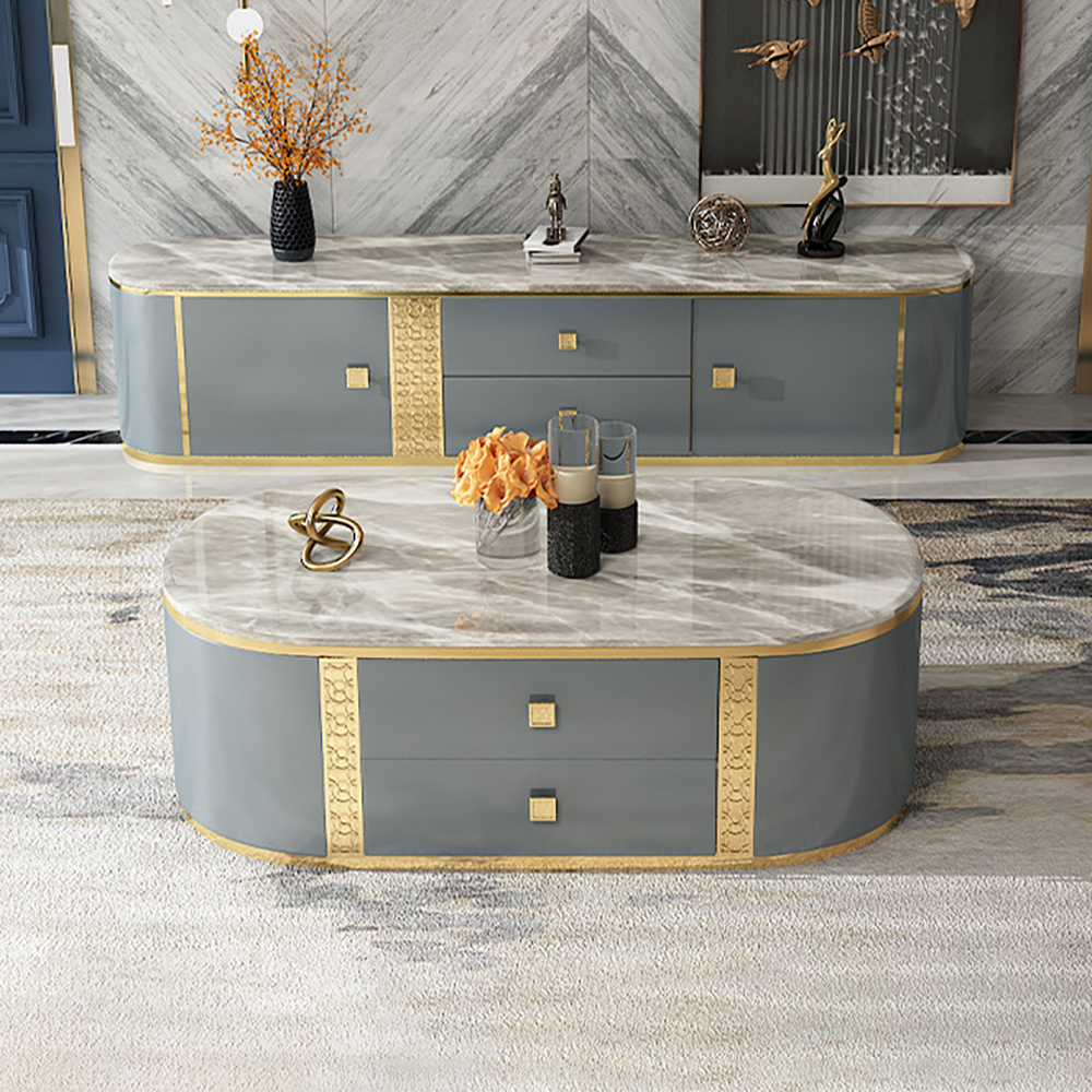 51.2" Modern Oval Coffee Table with Faux Marble Top & 4 Storage Drawers