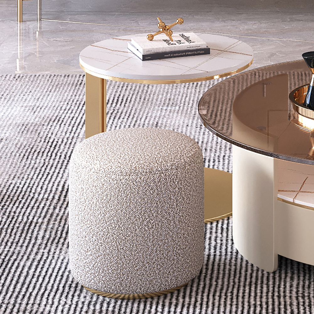 

Contemporary Stone Top End Table with Ottoman Set of 2 with Golden Frame, Gold & white