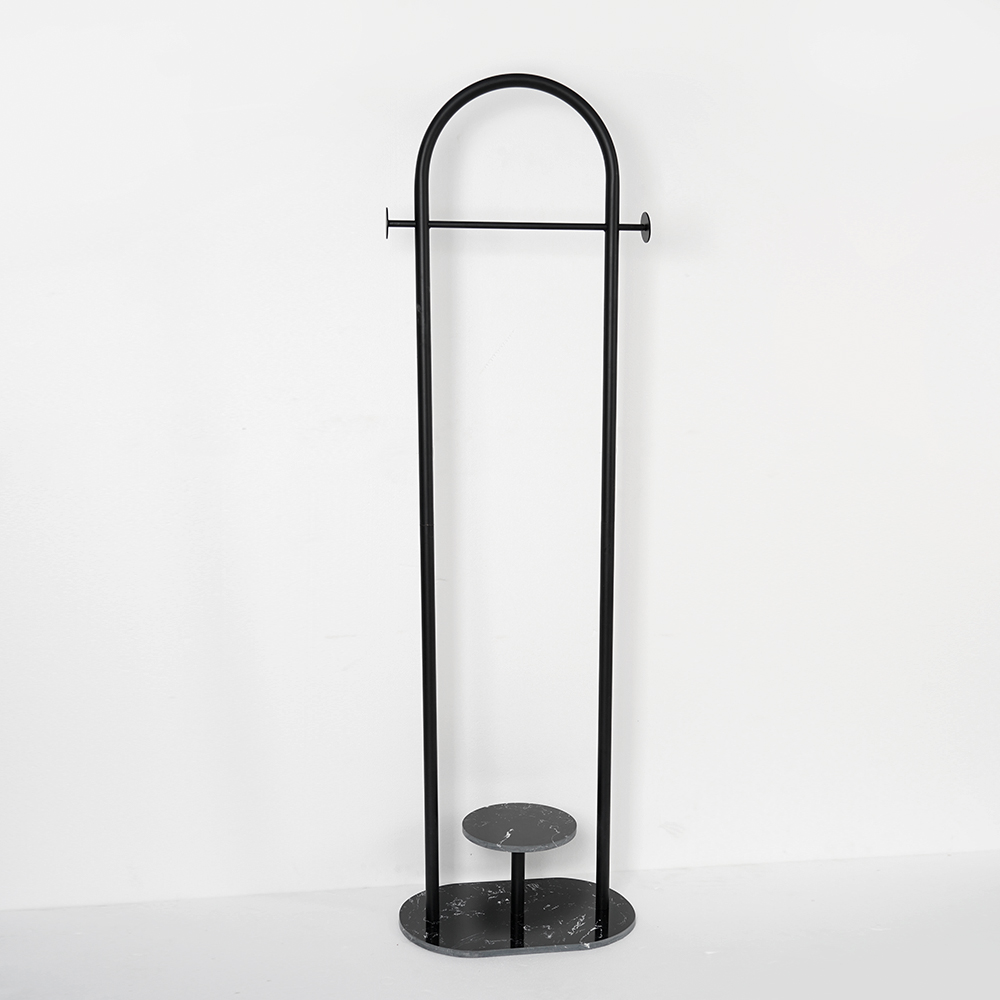 Black Clothing Rack Small Metal Garment Rack with Shelves Faux Marble Base