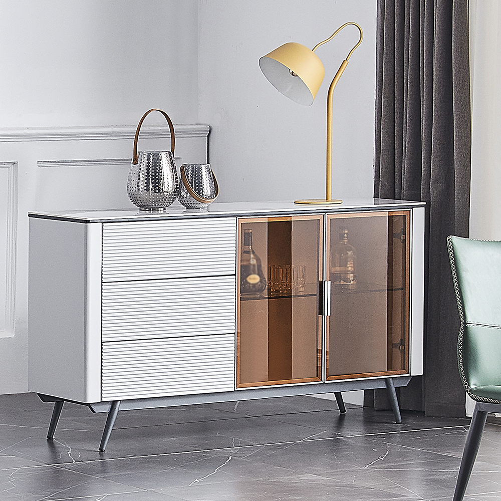 

Post-modern White Rectangular Buffet Sideboard with Drawers & Glass Doors