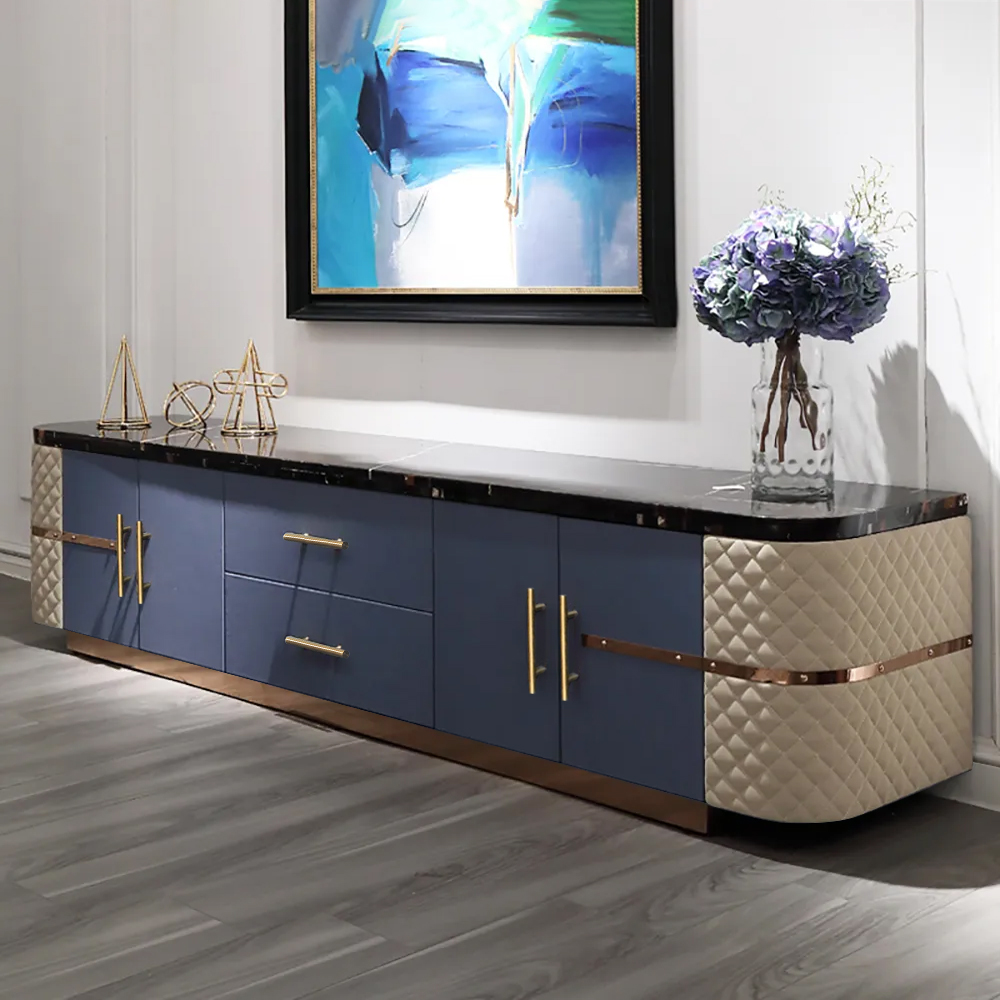 

Modern TV Stand Faux Leather Upholstery Faux Marble Top Media Console 2-Drawer