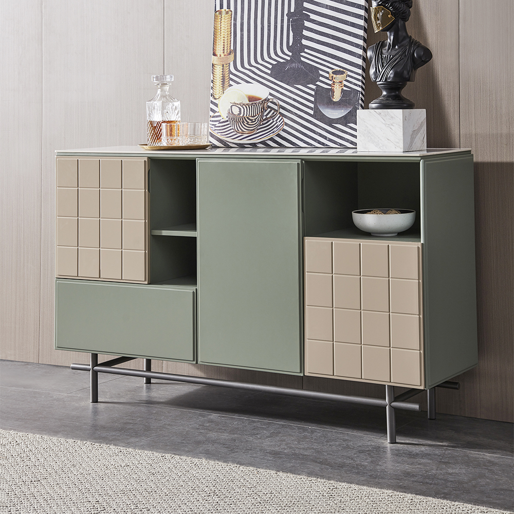 

Retro Green & Khaki Buffet Kitchen Storage Cabinet with Doors and Drawers