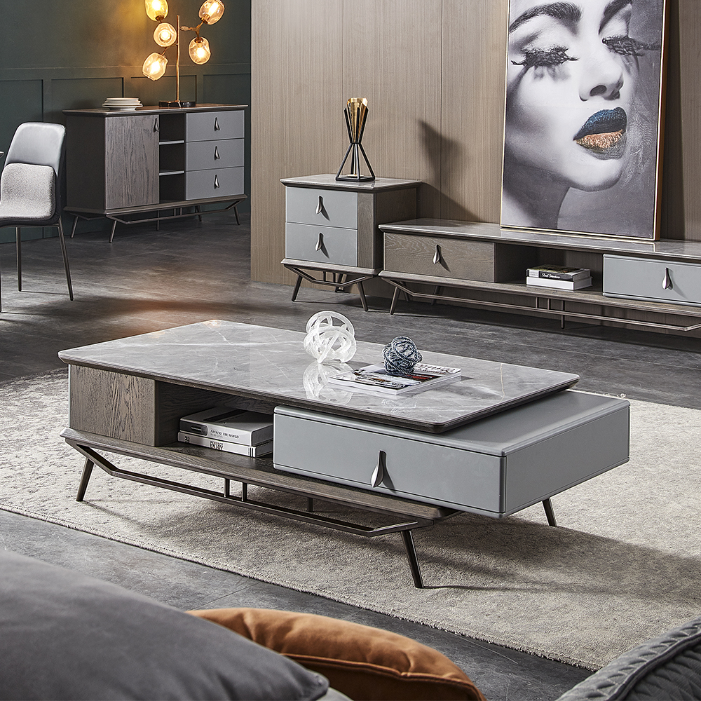 

Greece Gray Polished Stone Top Coffee Table with Rotatable Drawer