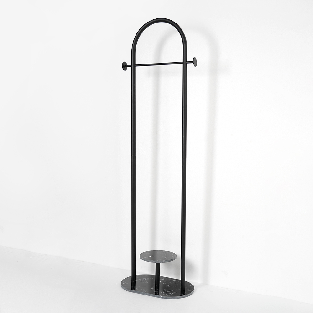 Black Coat Stand Small Metal Garment Stand with Shelves Faux Marble Base