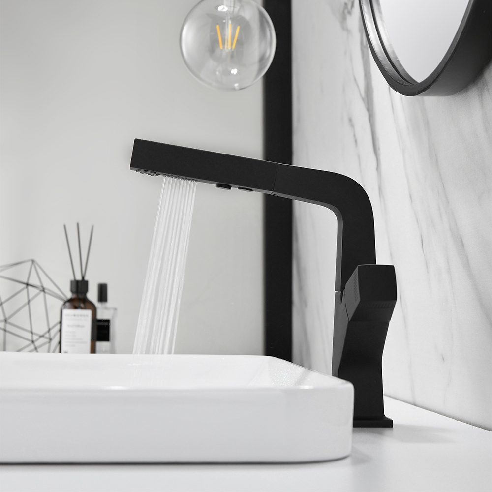 Image of Black Modern Single Hole Bathroom Sink Faucet Dual Function Pull-Out Spray Faucet