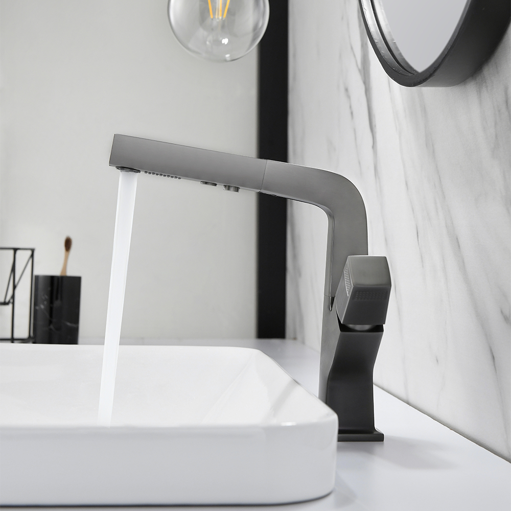 

Gunmetal Gray Modern Single Hole Bathroom Sink Faucet Dual Function Pull-Out Faucet