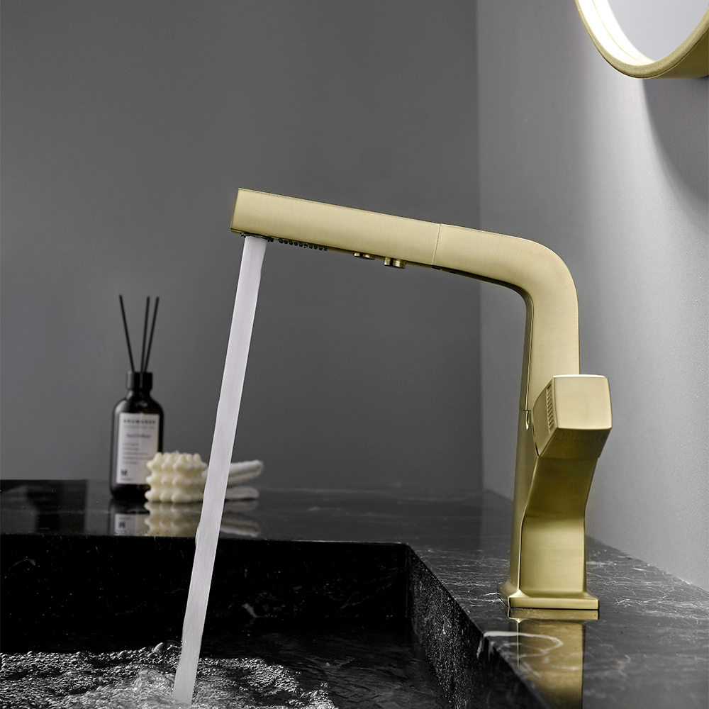 

Brushed Gold Modern Single Hole Bathroom Sink Faucet Dual Function Pull-Out Spray Faucet