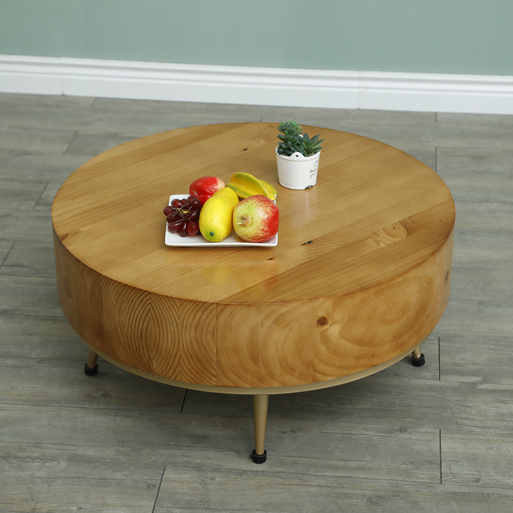

Minimalist Round Coffee Table with Pine Wood Tabletop & Metal Four Legs Base