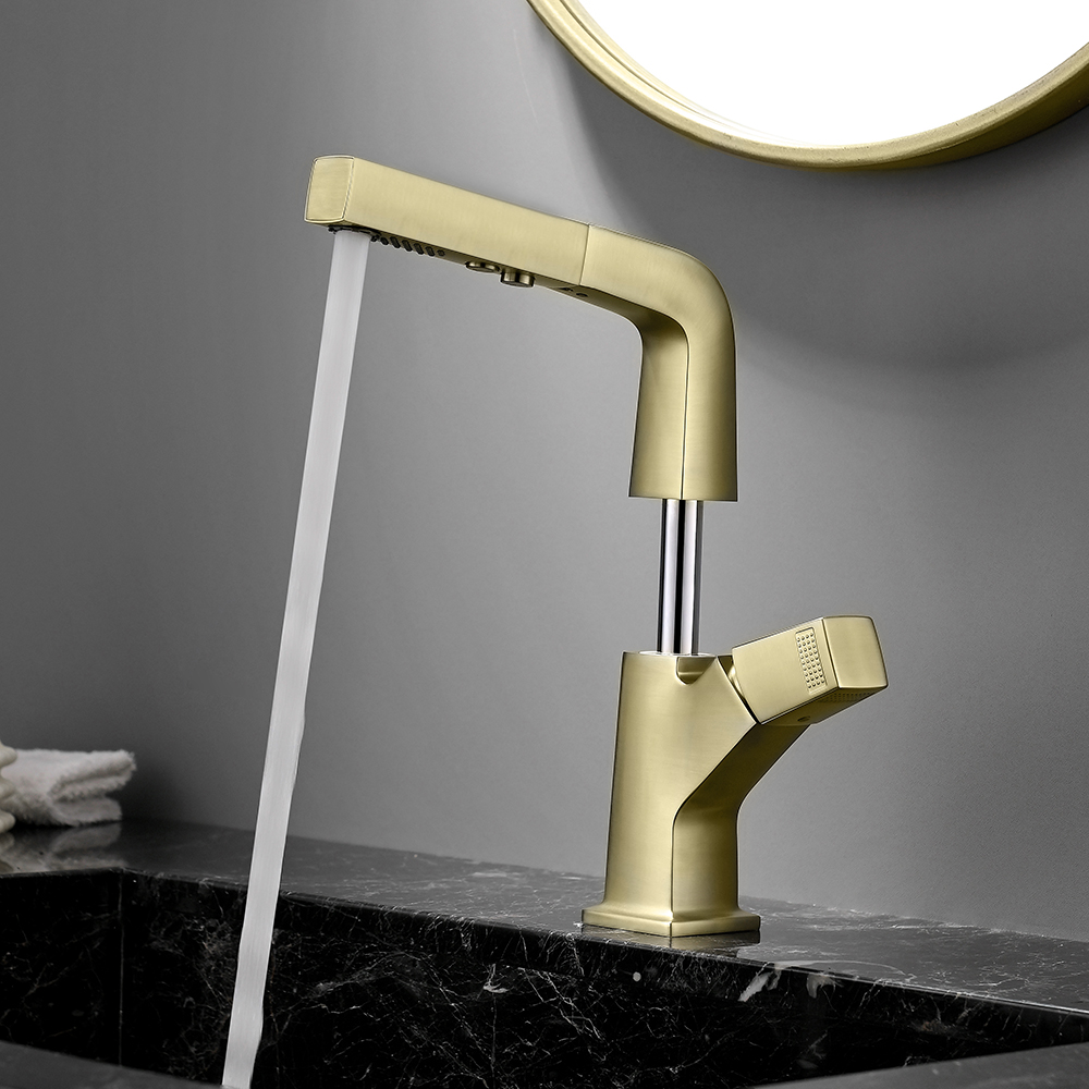 Brushed Gold Monobloc Single Handle Bathroom Basin Tap Dual Function