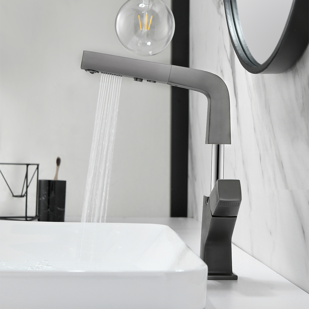 Gunmetal Gray Modern Single Hole Bathroom Sink Faucet Dual Function