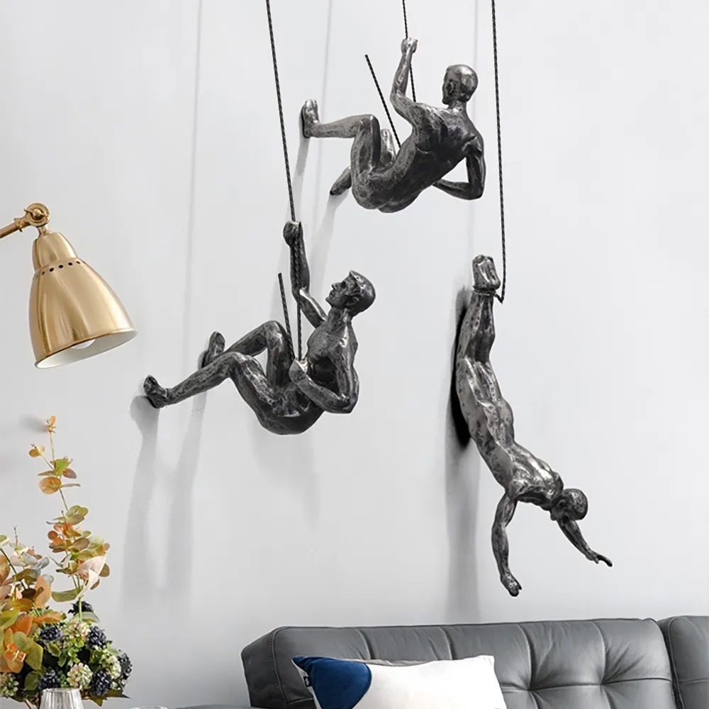 Industrial 3 Pieces Climbing Man Resin Wall Decor Set in Sliver Color