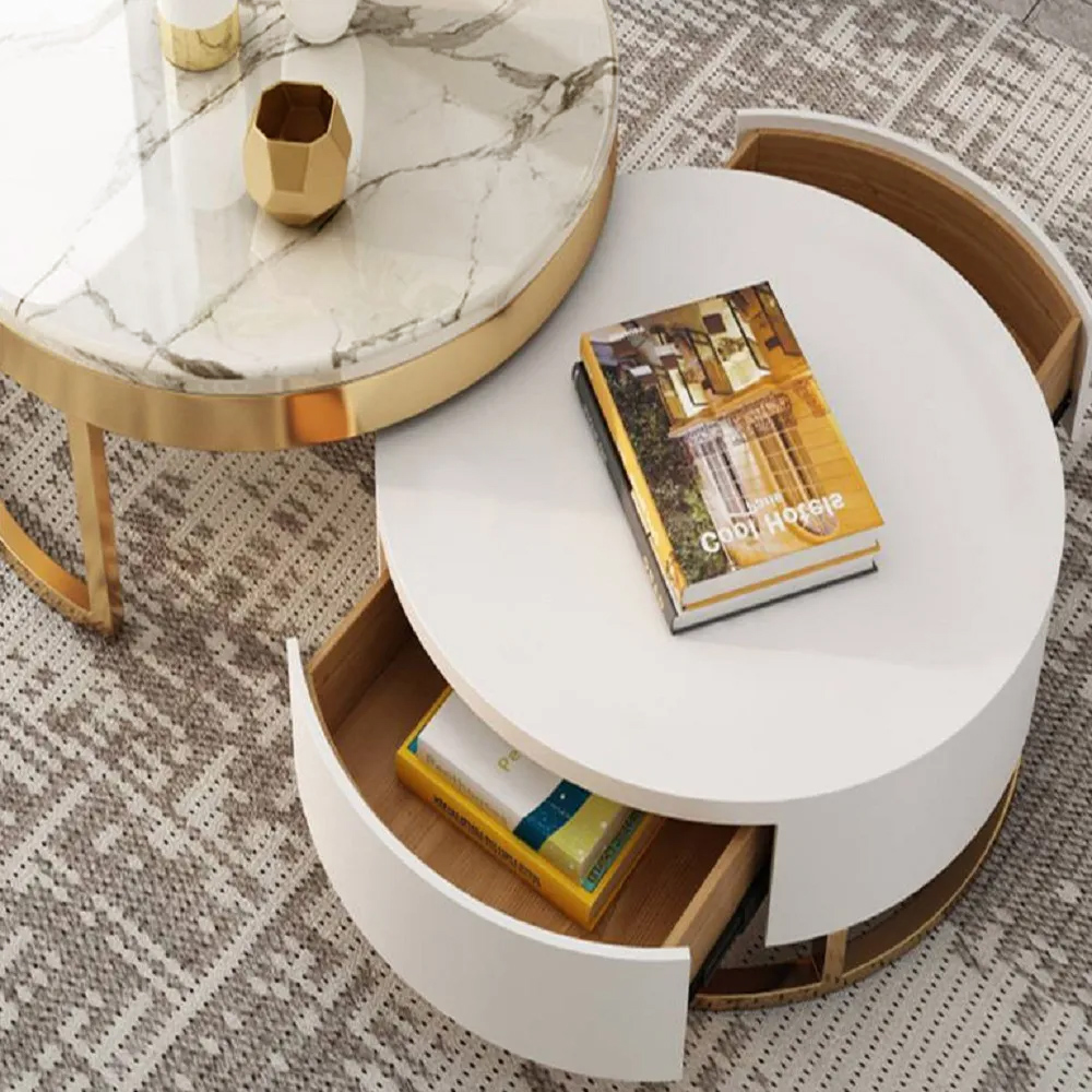 Modern Round Stone Lift-top Nesting Wood Coffee Table with Drawers in Marble & White