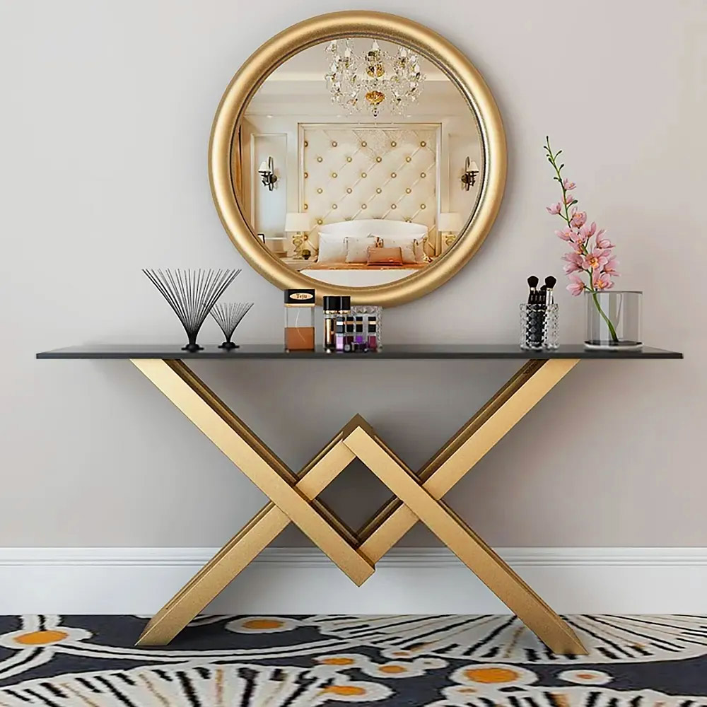 Black & Gold Narrow Console Table Accent Table For Hallway X Base Metal in Large