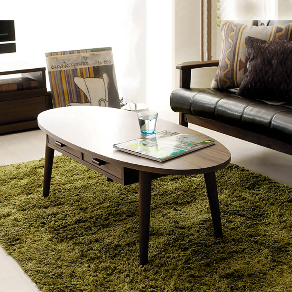 

Walnut Oval Coffee Table with Drawers Solid Wood & Metal
