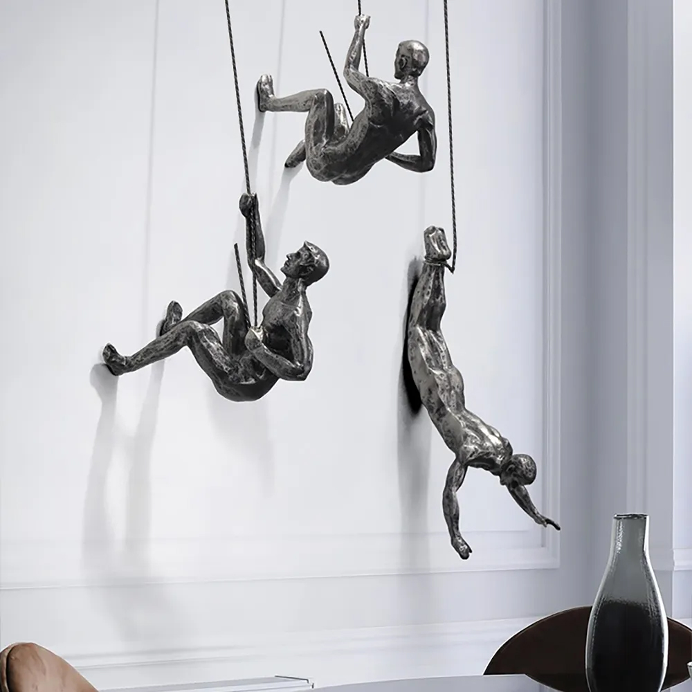 Industrial 3 Pieces Climbing Man Resin Wall Decor Set in Sliver Colour