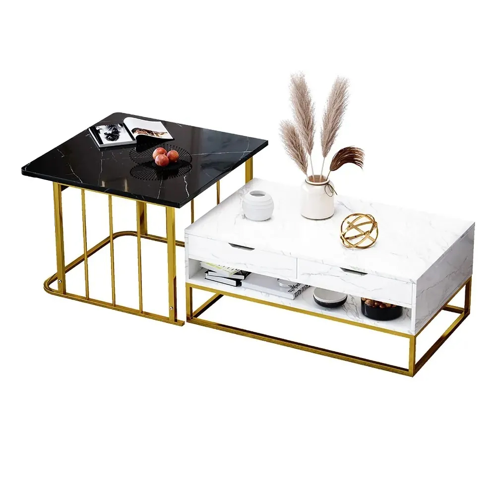 Modern Nesting Coffee Table Set with Drawers & Shelves in Black & White