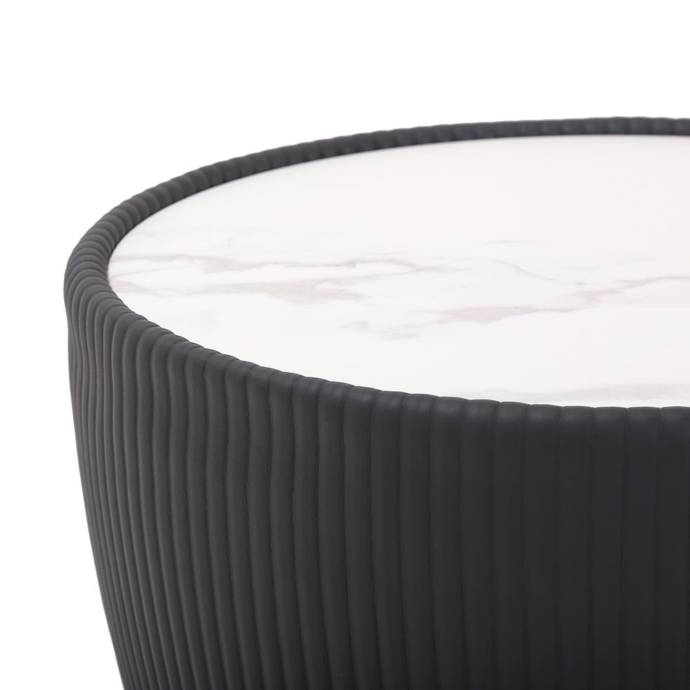 Gray Drum Coffee Table Stone Round PU-Leather Accent Table