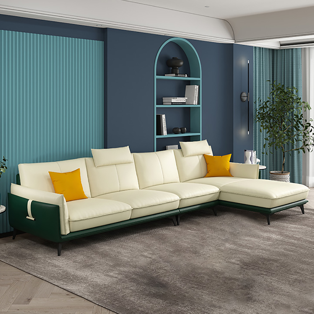 

129.9" Beige & Green Faux Leather Sectional Sofas with Right Chaise