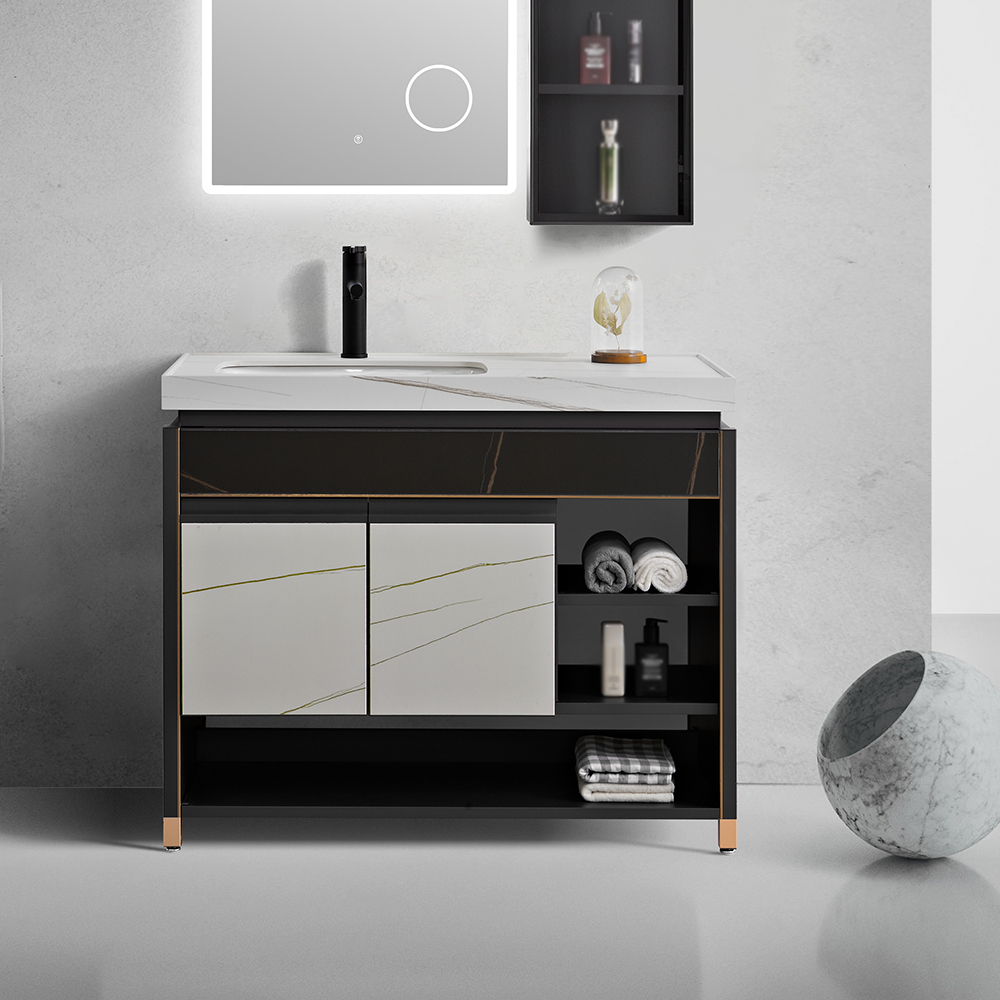 

39.4" Black & White Single Bathroom Vanity with Ceramic Sink & Open Storage