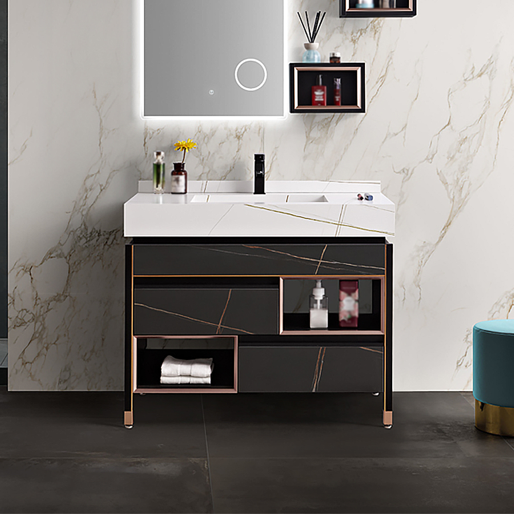 

39.4" Black & White Freestanding Bathroom Vanity Stone Top & Integral Sink