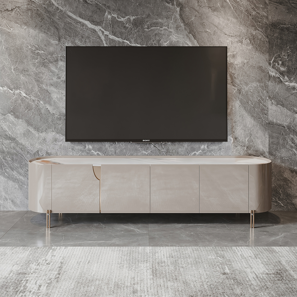 

Contemporary Oval Light Gray Stone Top TV Stand with 4 Doors