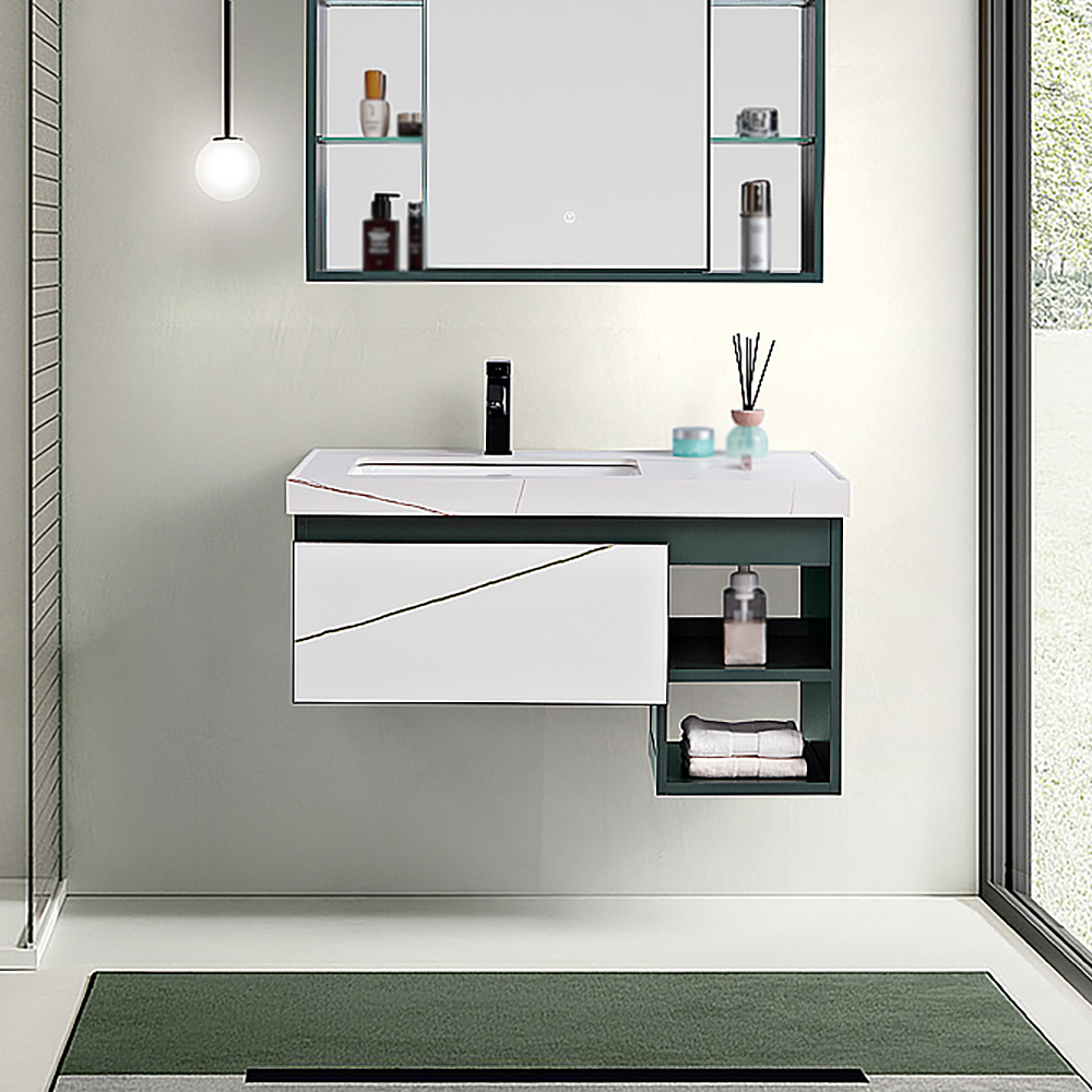 

35" White Floating Bathroom Vanity Stone Top Creamic Sink with Storage